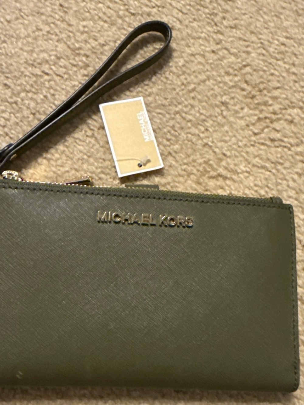 Michael Kors Olive Green Leather Wristlet with Gold Logo